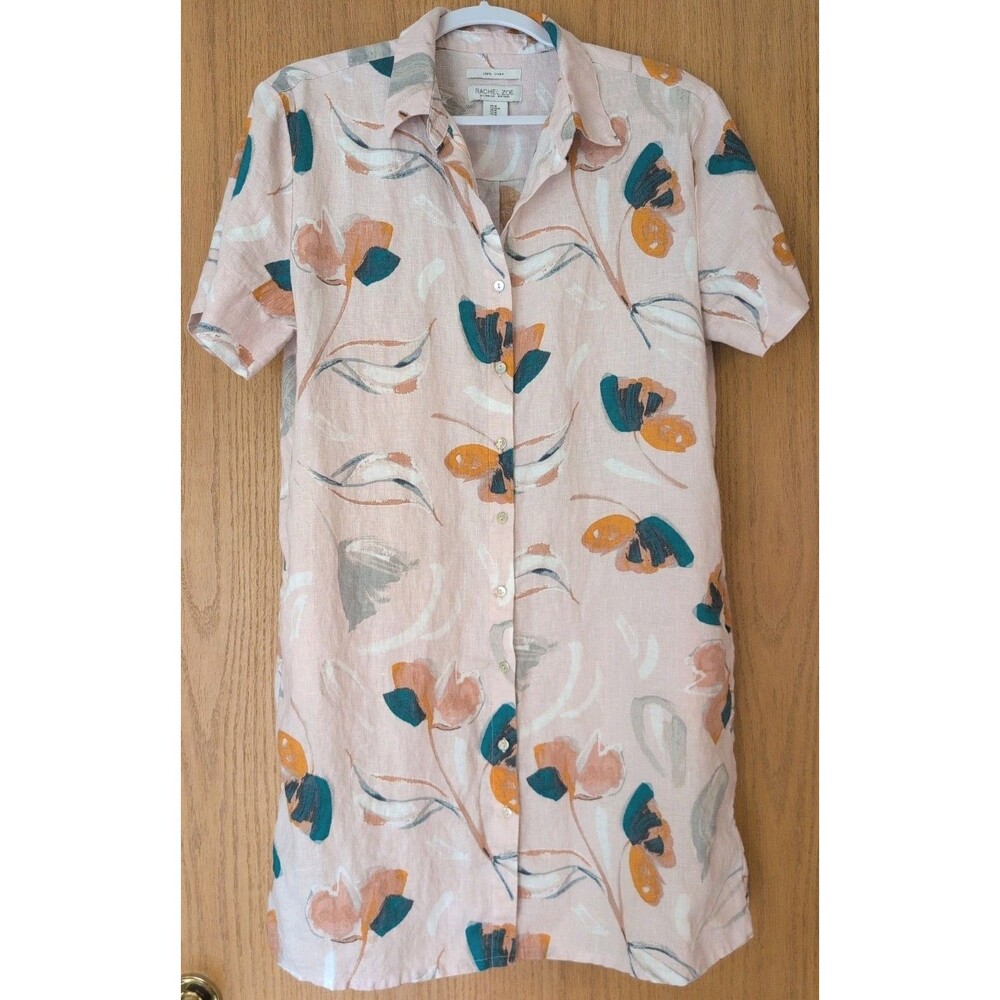 Rachel Zoe Pink Floral Linen Shirt Dress Size Medium Short Sleeve Pockets